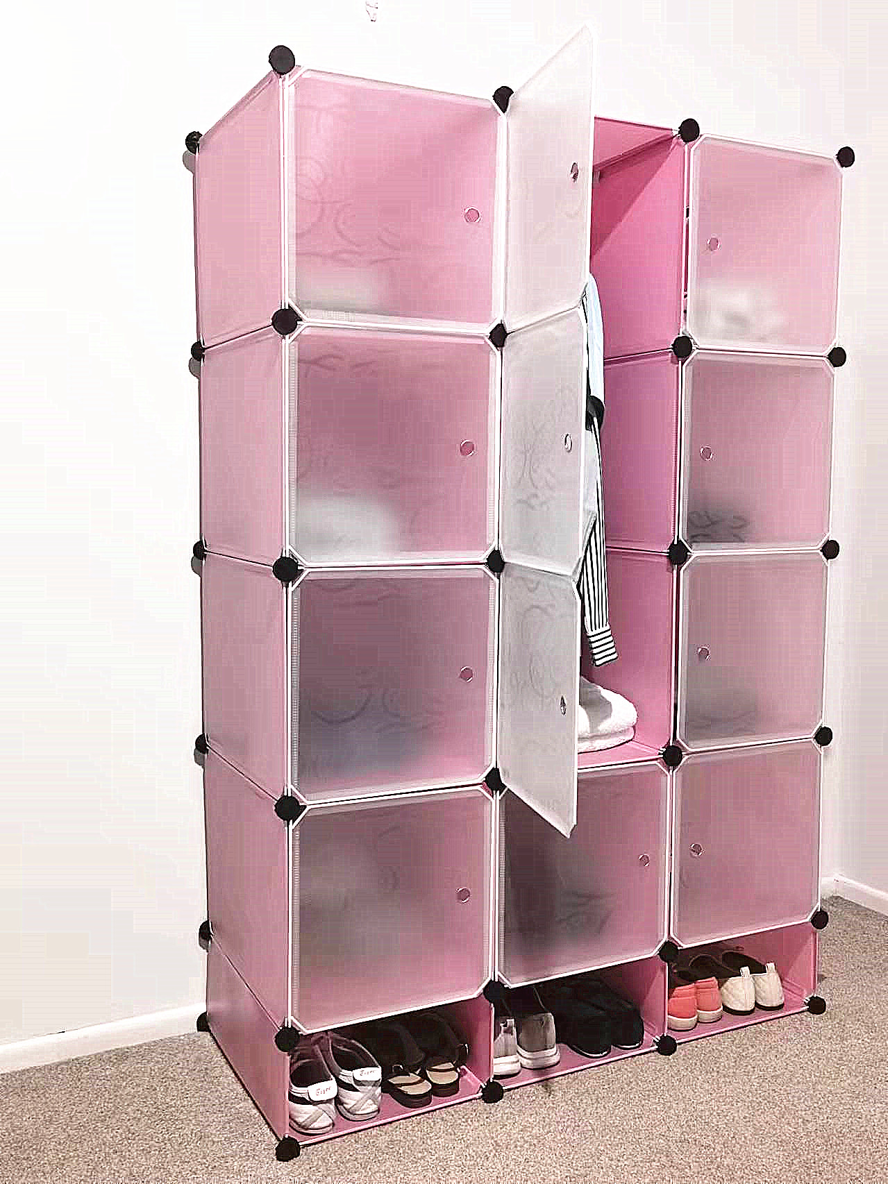 DIY wardrobe with shoe racks pink